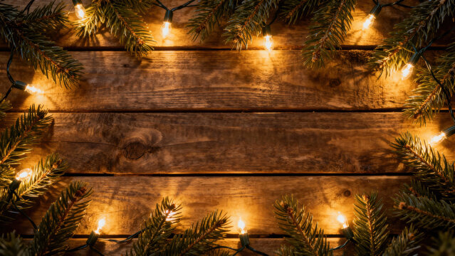 Festive Christmas lights and pine branches frame rustic wooden plank background, creating warm and cozy holiday atmosphere - Powered by Adobe