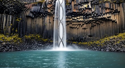 Waterfall cascading over basalt columns with dna helix overlay, iceland