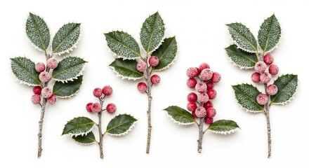 Frosted holly branches with red berries on a white background