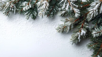 Festive christmas white background with snowy surface and evergreen tree branches, top view winter holiday backdrop for greeting cards, seasonal celebration designs, and decorative festive layouts