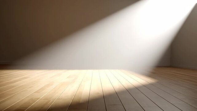 Light beam shining on hardwood floor in a dark, empty room
