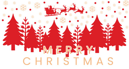 Santa claus and reindeer flying over snowy trees, merry christmas greeting Vector