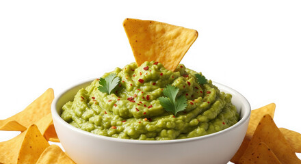 Fresh guacamole and tortilla chips isolated on transparent background