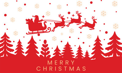 Santa claus and reindeer flying over snowy trees, red christmas design,Christmas greeting card design 