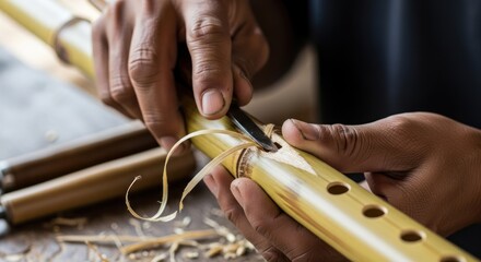 Close-up of hands carving a bamboo flute with a