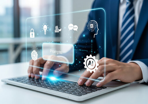 Futuristic AI Technology Interface on Laptop for Business Professionals.