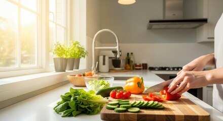 Woman slicing fresh vegetables in bright kitchen with sunlight, preparing healthy salad ingredients.