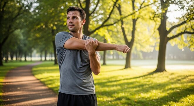Man stretching arms outdoors in park under morning sunlight, preparing for workout.