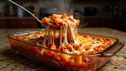 Hot cheesy baked rigatoni pasta with melted cheese pull in a glass baking dish