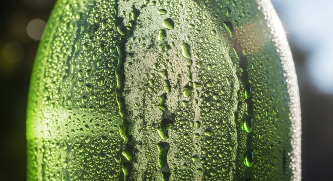 Close-up of a green glass bottle covered with cold water droplets under sunlight, refreshing summer texture.