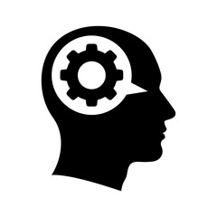 Silhouette of a human head with a gear inside representing thought