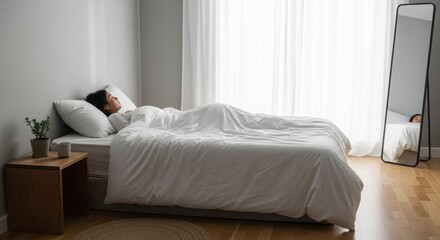 Peaceful morning scene of woman sleeping in cozy minimalist bedroom with natural light and white bedding.