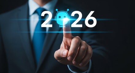 Businessman Touching Digital Screen with Glowing 2026 Text and AI Robot Icon. Concept of Artificial Intelligence Future.