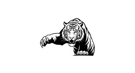 A fierce black and white illustration of a tiger lunging forward with its claws extended.
