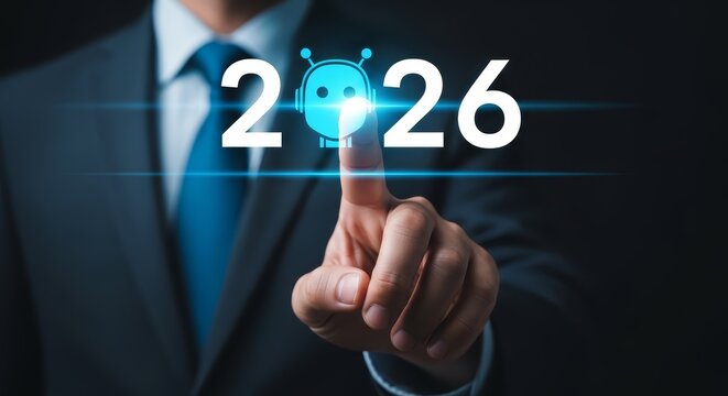 Businessman Touching Digital Screen with Glowing 2026 Text and AI Robot Icon. Concept of Artificial Intelligence Future.