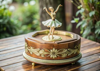 Intricate wooden music box with golden accents and delicate ballerina twirling around a central axis