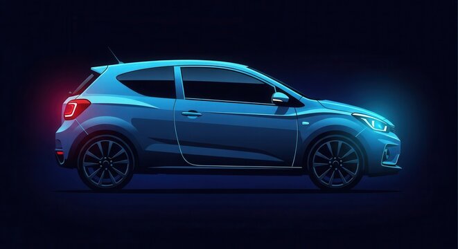 Modern compact automobile illuminated with vibrant blue and red accent lights against a dark backdrop