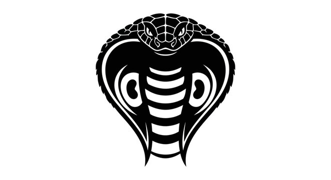 A striking black and white graphic illustration of a cobra's head with its hood flared.
