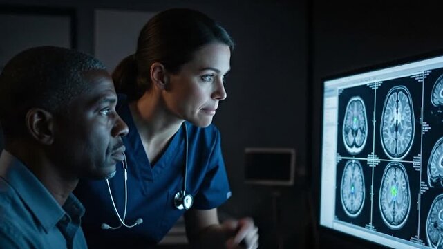 Female doctor in blue scrubs points to an advanced display of mri images on the screen, while she and her male patient look at the brain scans on one side of it