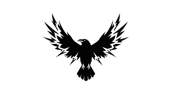 A striking black silhouette of a raven with its wings spread wide, adorned with sharp, lightning-like patterns.
