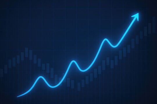 Glowing blue arrow pointing upwards on a dark grid graph, financial growth