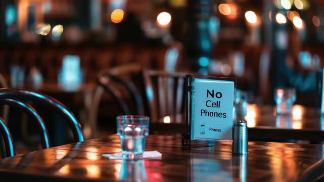 Cozy restaurant setting with "No Cell Phones" sign on table