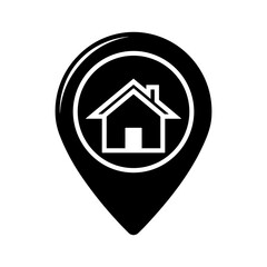 Black and white house icon inside a location pin marker, representing home or real estate