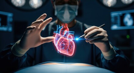 Surgeon uses futuristic holographic display to examine a glowing human heart