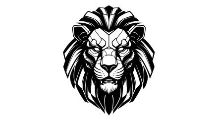 A striking black and white illustration of a fierce lion's head with a majestic mane.