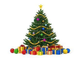 Naklejka premium A beautifully decorated christmas tree with colorful baubles, golden garland, and a star on top, surrounded by gift boxes isolated on white background