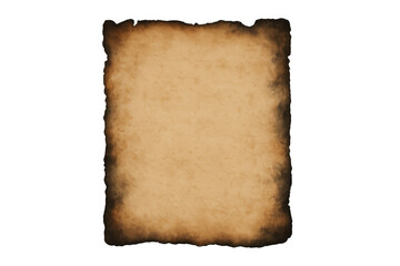 Old vintage parchment paper with burnt edges, aged textured scroll, blank antique brown background