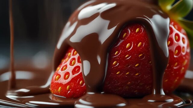 Close-up of fresh red strawberries generously covered in rich, melted dark chocolate sauce, creating a delicious and tempting dessert.