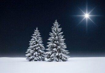 Two snowcovered fir trees under a starry night sky with a bright shining star, evoking a serene and magical winter christmas scene