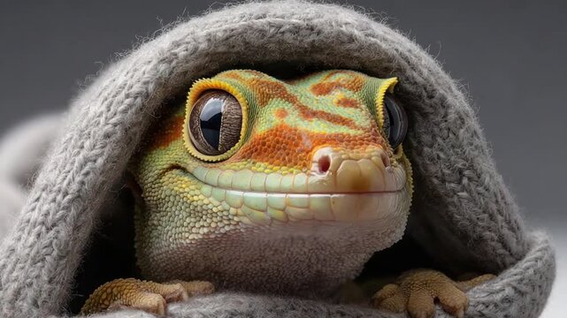 A vibrant gecko peeks from cozy grey knitwear. Its eye reflects light and smiling face, cozy