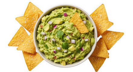 Bowl of fresh guacamole with tortilla chips isolated on transparent background