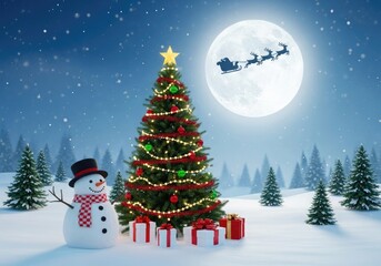 Enchanting winter night scene with a decorated christmas tree, a cheerful snowman, presents, and santas sleigh flying across a full moon