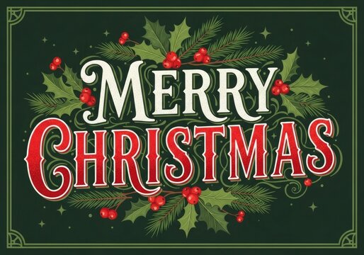 Merry christmas text with festive holly and pine branches, decorated with red berries and a dark green background with subtle texture - Powered by Adobe