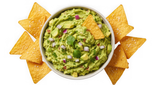 Bowl of fresh guacamole with tortilla chips isolated on transparent background