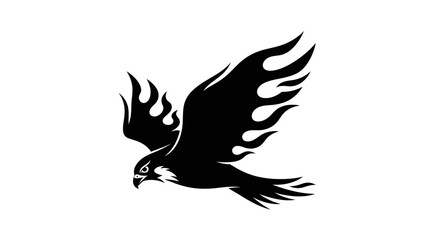 Obraz premium A striking black silhouette of a falcon with fiery wings in mid-flight against a white background.