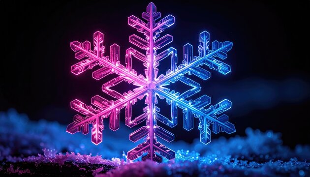 Luminous snowflake glows pink and blue on snow - Powered by Adobe