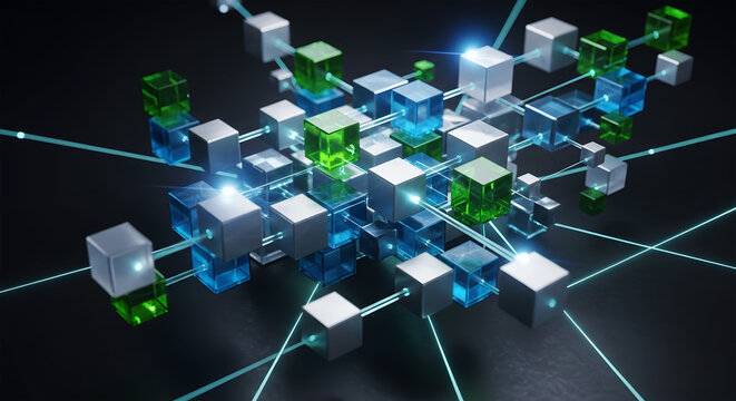 Abstract 3D Network of Interconnected Cubes and Glowing Lines technology data