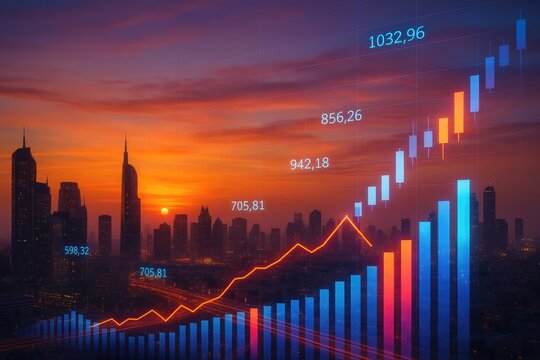 City skyline and financial market growth chart with upward trend and glowing numbers at sunset