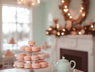 Light and airy tea party setting with pastel pink, mint green, and white macarons, vintage teapot, and Christmas decor in an open living space featuring a fireplace and large windows. Ideal for social