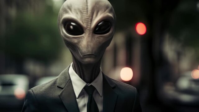 Alien man in suit stands in city street, ready for a meeting or business venture as a discreet extraterrestrial visitor, footage.