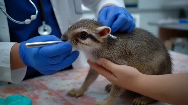 A veterinarian in blue gloves examines a small, furry animal with a medical tool in a clinic setting.