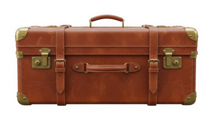 Vintage leather travel suitcase with brass hardware isolated on transparent background