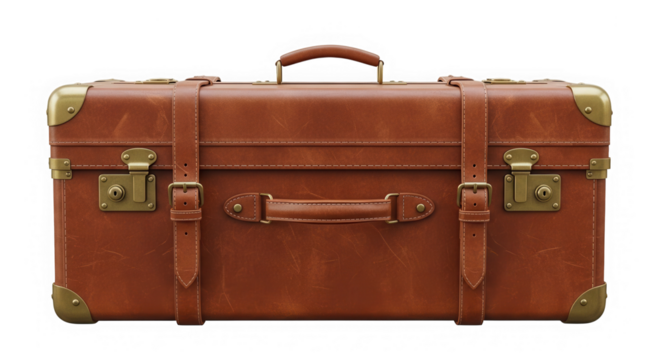 Vintage leather travel suitcase with brass hardware isolated on transparent background