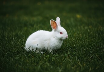 A gentle, fluffy white bunny rabbit sitting in a lush green meadow, peacefully foraging during the late spring season ,herbivore ,horticulture ,springtime