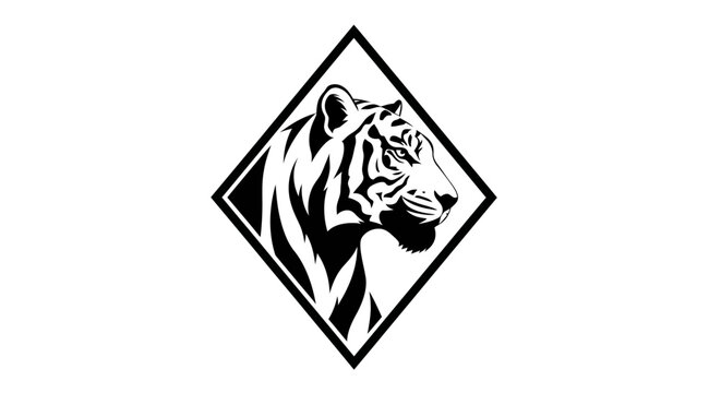 A striking black and white graphic illustration of a tiger's head in profile, enclosed within a diamond shape.