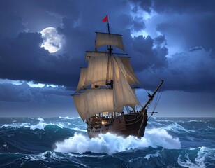 Tall ship sails rough seas under a moonlit, cloudy sky